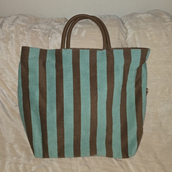 NWOT Anthropologie Turquoise and Brown Striped Tote Bag w/ Pouch - Picture 5 of 6